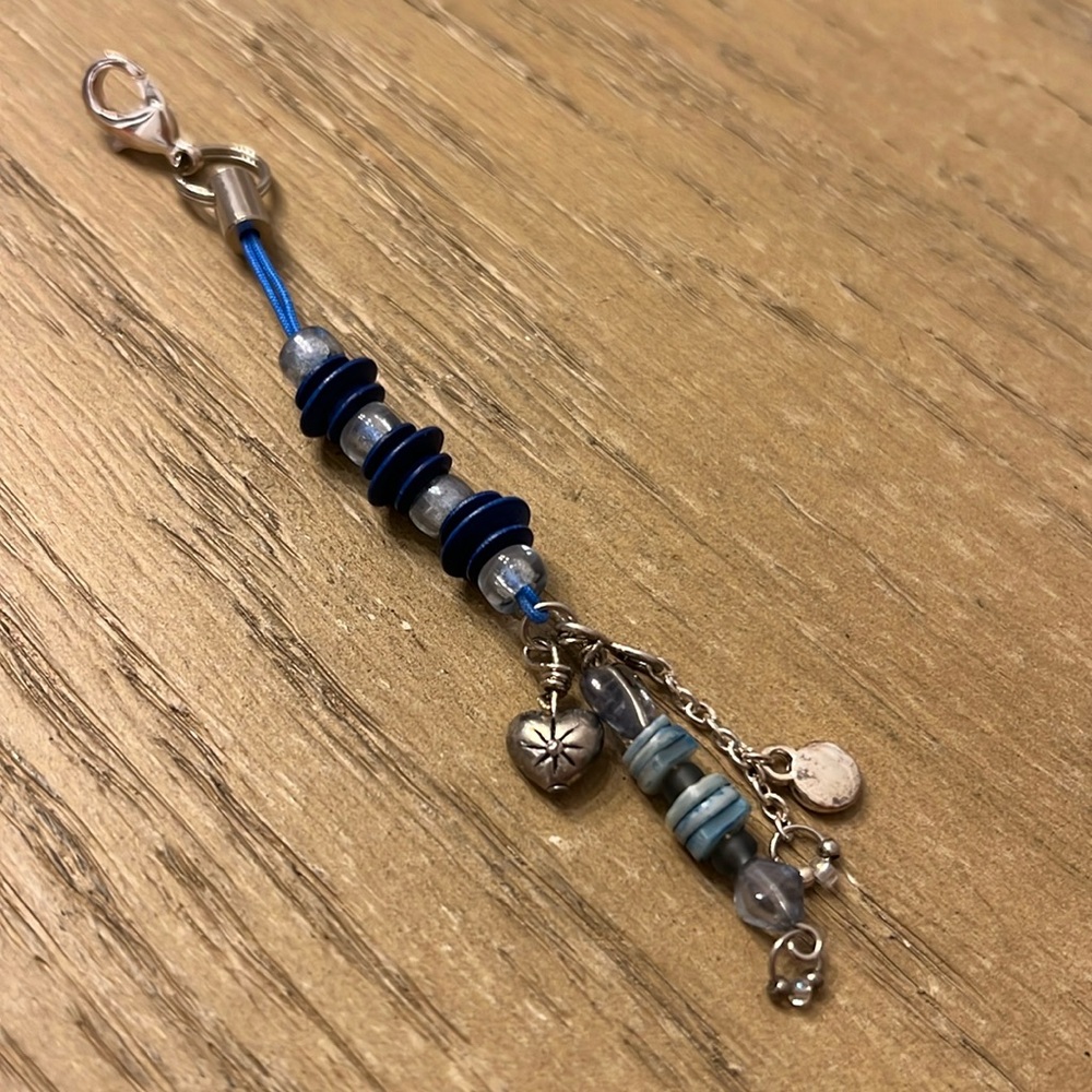 Bohemian Silver and Blue Glass, Shell & Wood Bead Handmade Bag Charm
